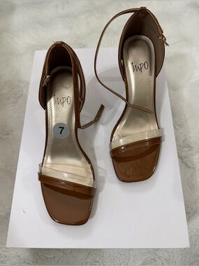 Impo Tan Patent Clear-Strap Square Toe Block Heels